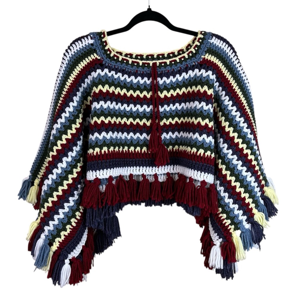 Vintage Hand Crocheted Poncho with Fringe, Cropped Length, Zigzag